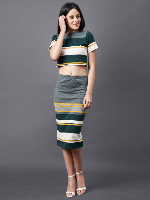 Multi Stripe Round Neck Crop Top With Skirt Co-Ord Set