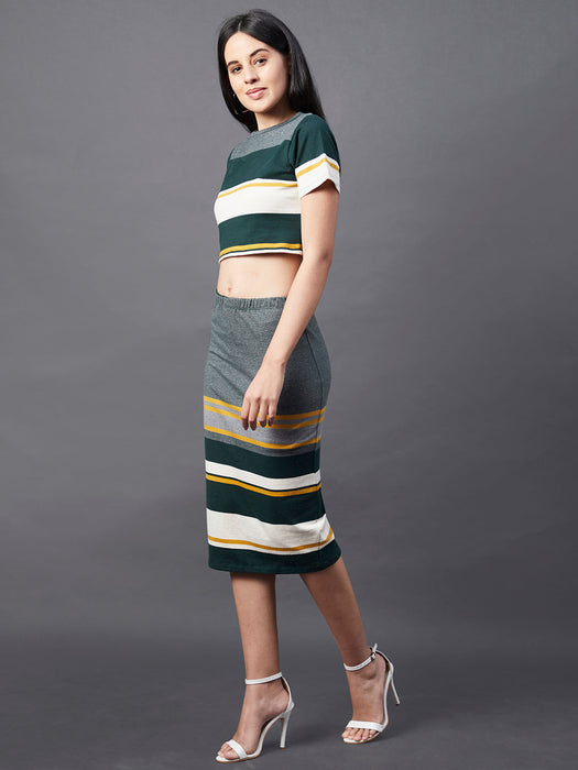 Multi Stripe Round Neck Crop Top With Skirt Co-Ord Set