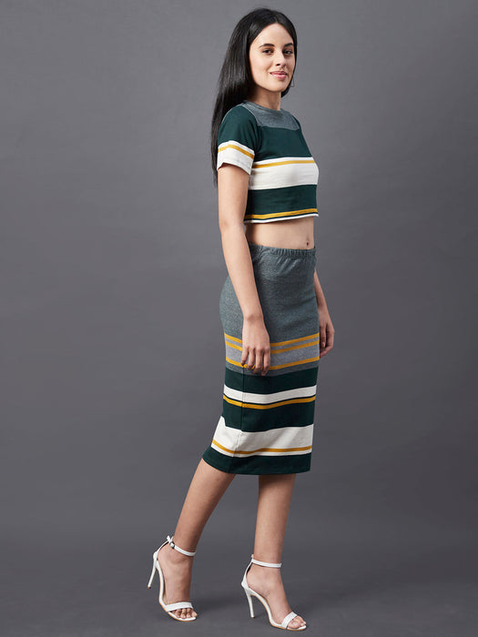 Multi Stripe Round Neck Crop Top With Skirt Co-Ord Set