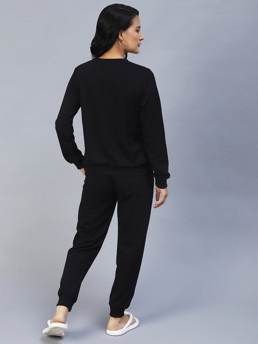 Black Printed Round Neck Tracksuit