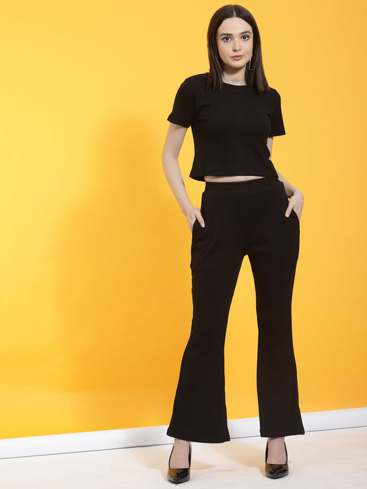 Self Textured Crop Top & Bell Bottoms With Pockets Co-Ord Set