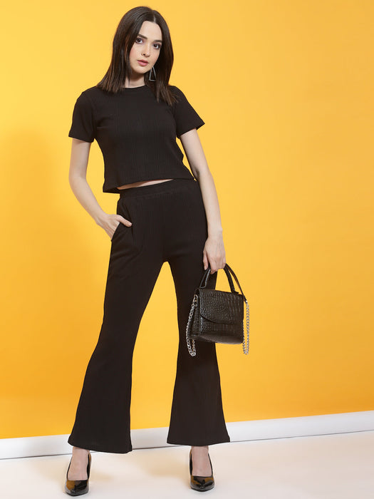 Self Textured Crop Top & Bell Bottoms With Pockets Co-Ord Set