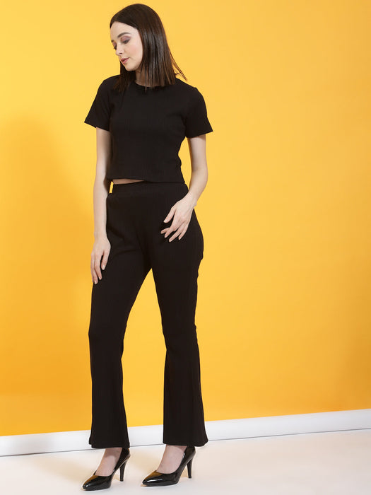 Self Textured Crop Top & Bell Bottoms With Pockets Co-Ord Set