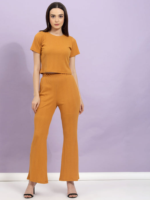 Self Textured Crop Top & Bell Bottoms With Pockets Co-Ord Set