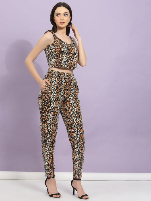 Animal Print Crop Top & Pants With Front Slits Co-Ord Set