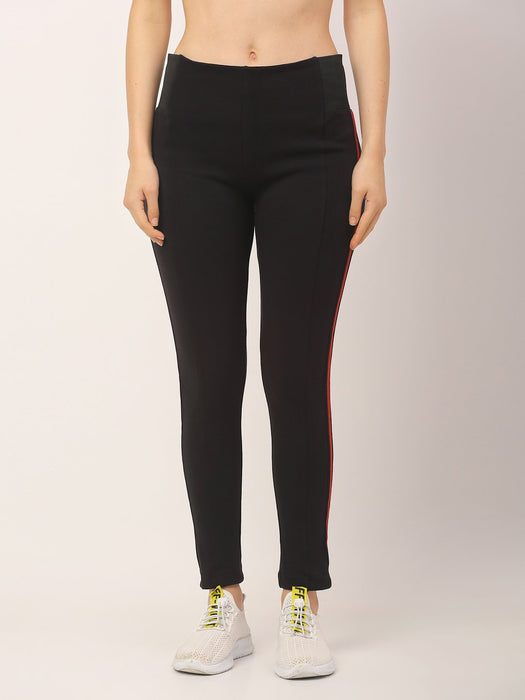 Black Cotton Lycra With Contrast Side Tape Detail Leggings