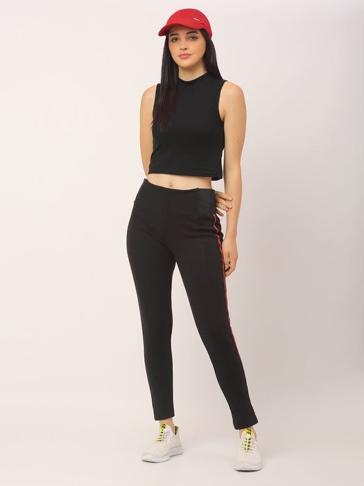 Black Cotton Lycra With Contrast Side Tape Detail Leggings