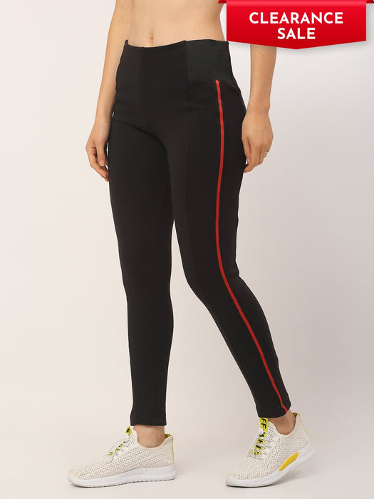 Black Cotton Lycra With Contrast Side Tape Detail Leggings