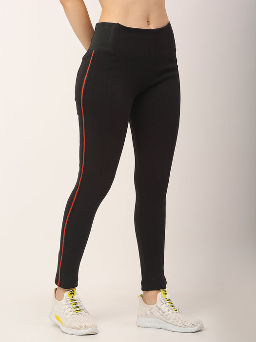 Black Cotton Lycra With Contrast Side Tape Detail Leggings