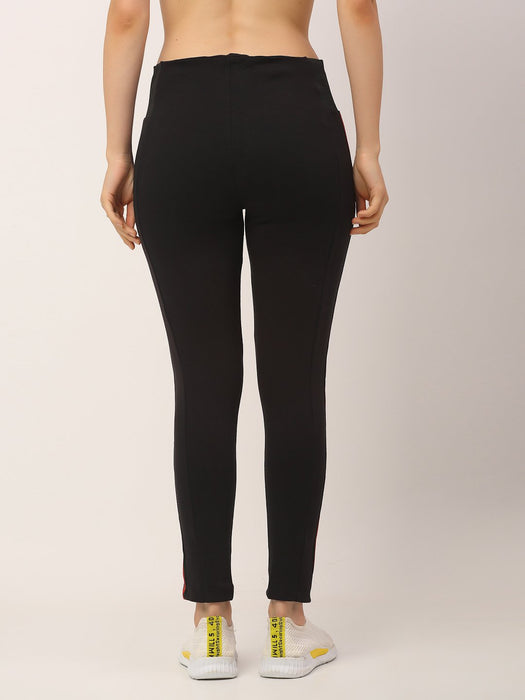 Black Cotton Lycra With Contrast Side Tape Detail Leggings