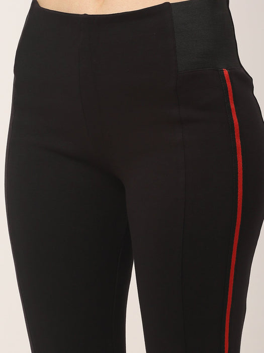 Black Cotton Lycra With Contrast Side Tape Detail Leggings