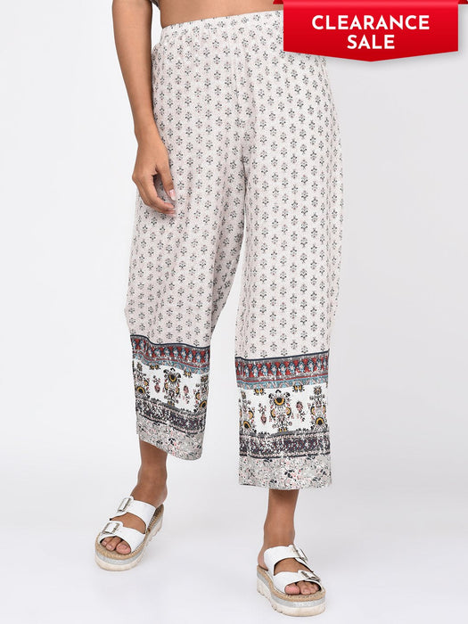 Border Printed White Trousers for Women