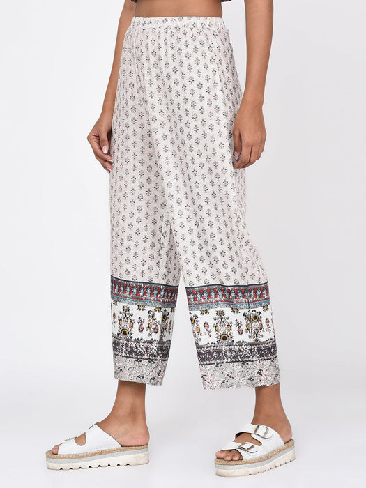 Border Printed White Trousers for Women