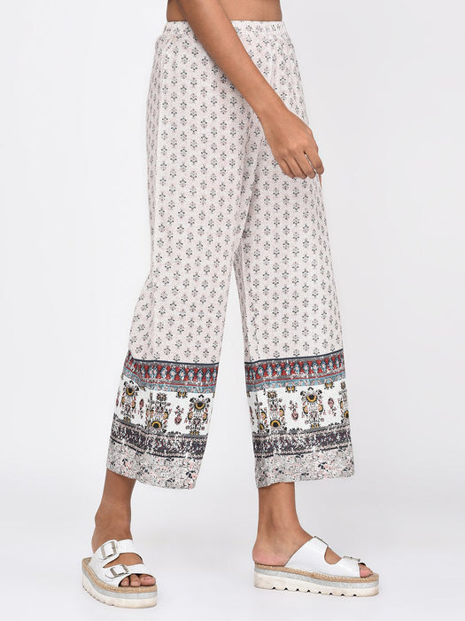 Border Printed White Trousers for Women