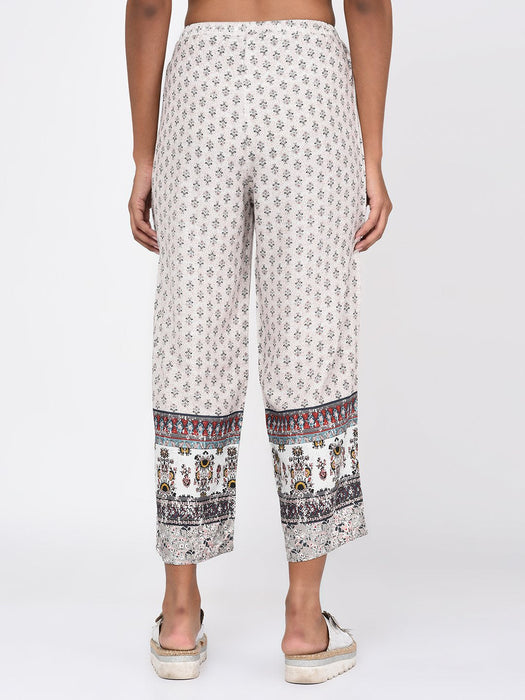 Border Printed White Trousers for Women