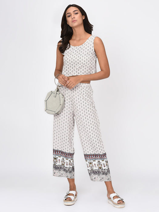 Border Printed White Trousers for Women