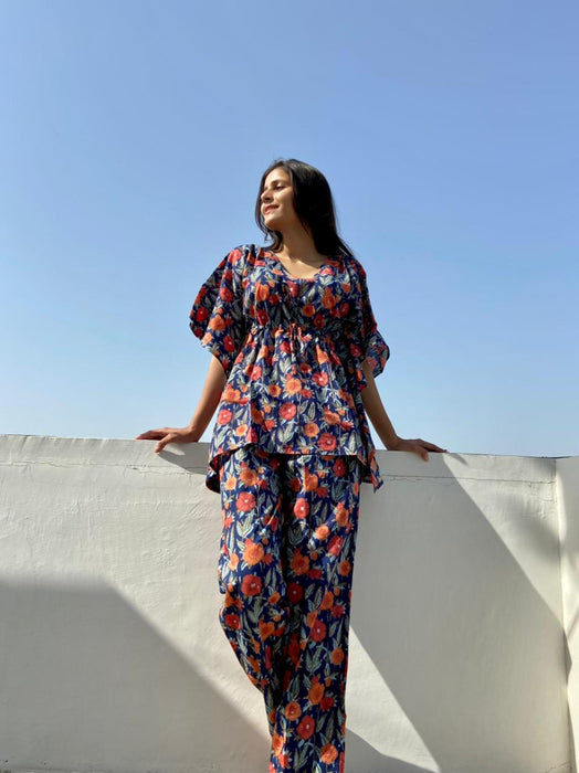 Tokyo Hand Block Printed Cotton Floral Kaftan Jammies