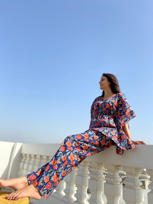 Tokyo Hand Block Printed Cotton Floral Kaftan Jammies