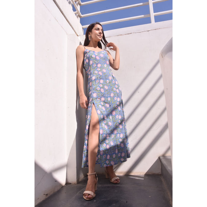 Pomegranate Hand Block Printed Cotton Front Slit Dress