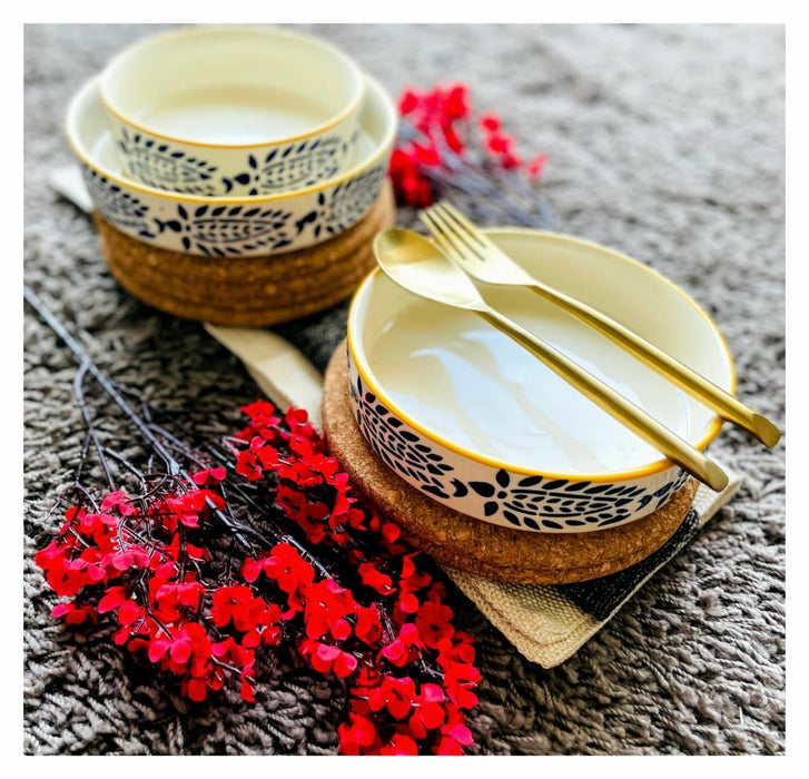 Yellow & Bleu Hand Painted Flat Bowl Set (Set Of 3)