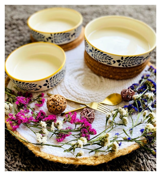 Yellow & Bleu Hand Painted Flat Bowl Set (Set Of 3)