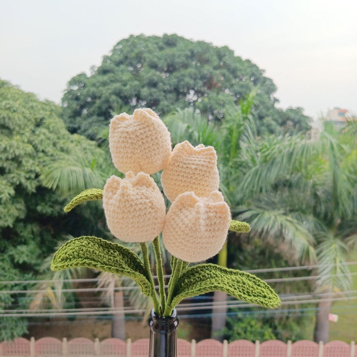 Crochet Tulip Blossoms Flowers (Off-White) Set Of 5