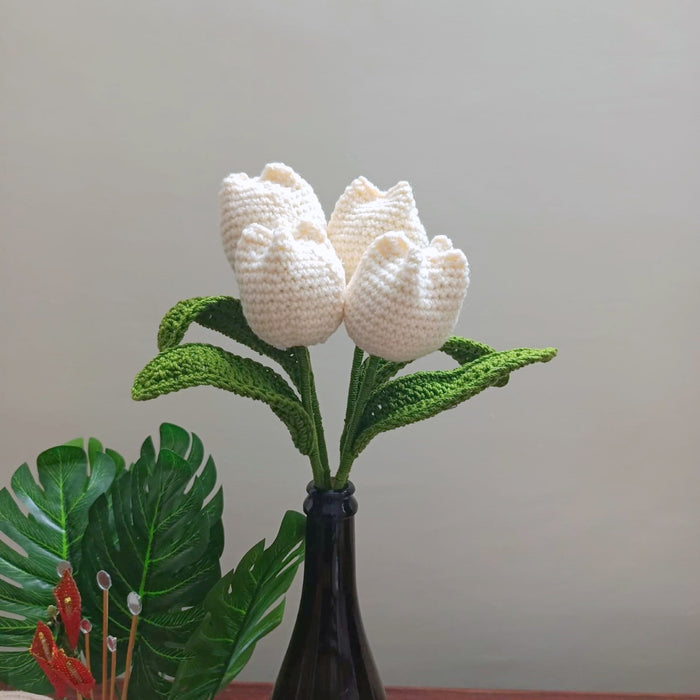 Crochet Tulip Blossoms Flowers (Off-White) - Set Of 10