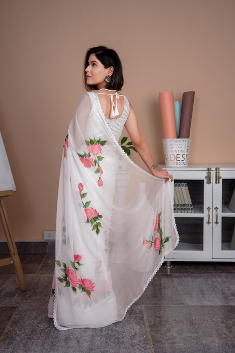 Ivory Whispers (White Handpainted Chiffon Saree)