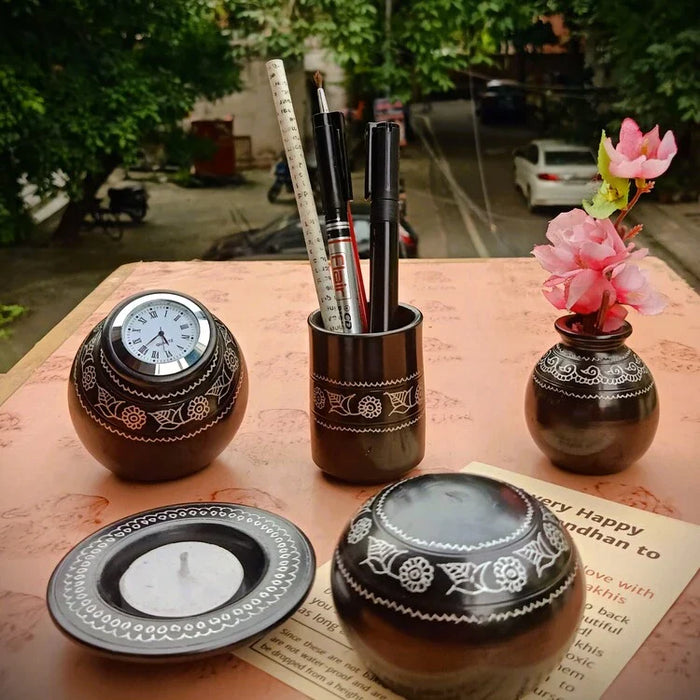 Odop Nizamabad Black Pottery Work Table Accessories Gift Set