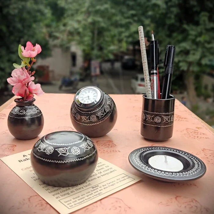 Odop Nizamabad Black Pottery Work Table Accessories Gift Set