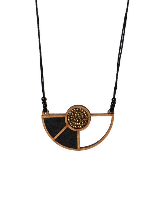 Black Geometrical Fabric And Wood Pendant Necklace