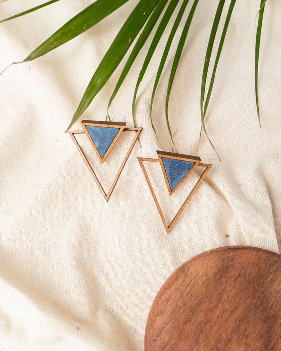 Blue Two Look In One Fabric And Wood Triangle Earring