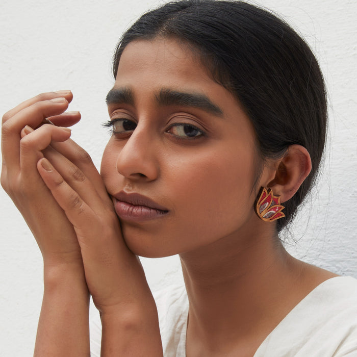 Red Bloom Lotus Fabric And Wood Earrings