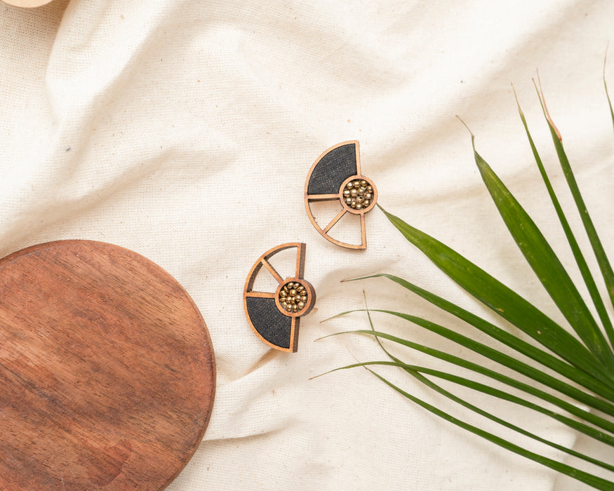 Black Geometrical Upcycled Fabric And Wood Earring