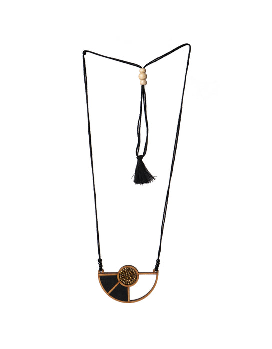 Black Geometrical Fabric And Wood Pendant Necklace