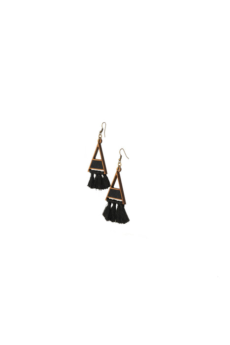 Black Triangle Fabric And Wood Earring With Tassels