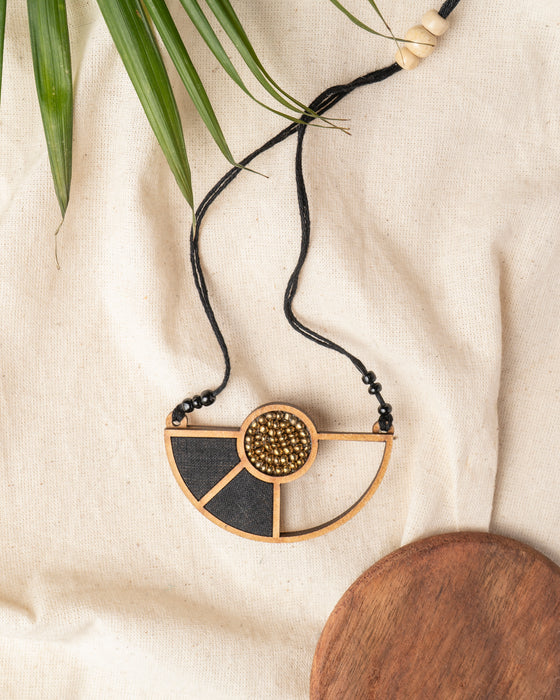 Black Geometrical Fabric And Wood Pendant Necklace