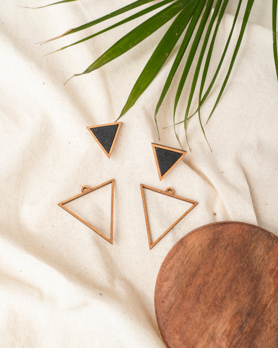 Black Two Look In One Fabric And Wood Triangle Earring