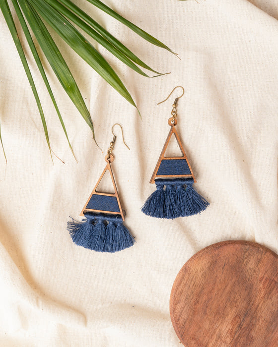 Blue Triangle Fabric And Wood Earring With Tassels