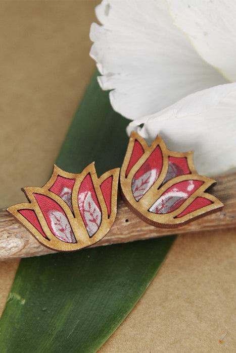 Red Bloom Lotus Fabric And Wood Earrings