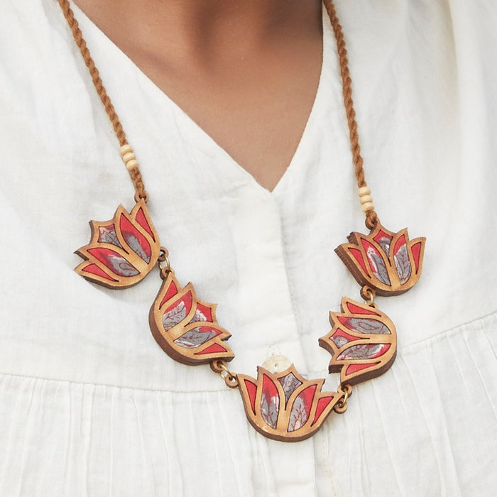 Red Bloom Lotus Fabric And Wood Necklace