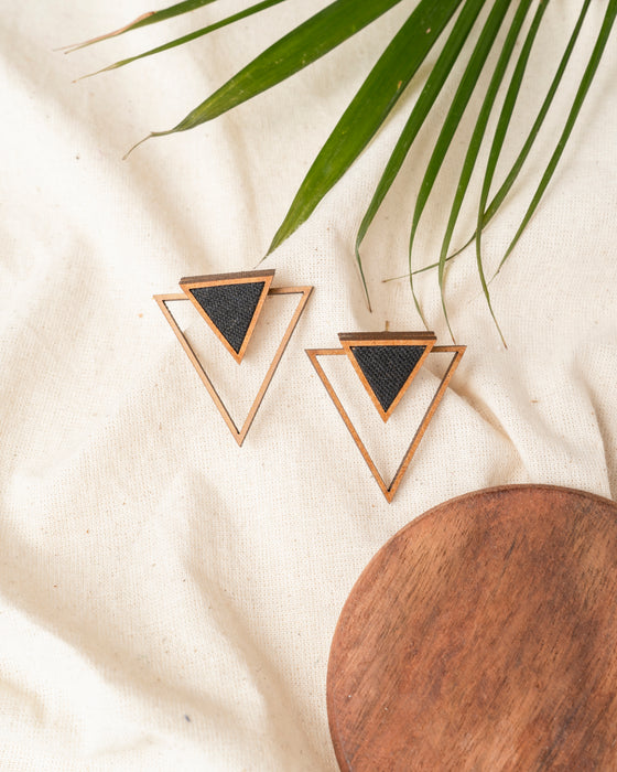 Black Two Look In One Fabric And Wood Triangle Earring