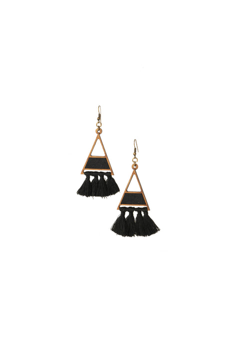 Black Triangle Fabric And Wood Earring With Tassels