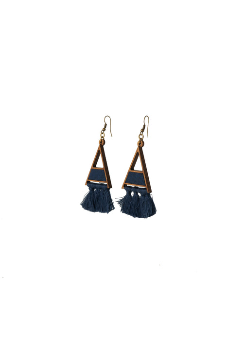 Black Triangle Fabric And Wood Earring With Tassels