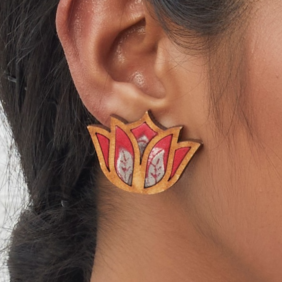 Red Bloom Lotus Fabric And Wood Earrings