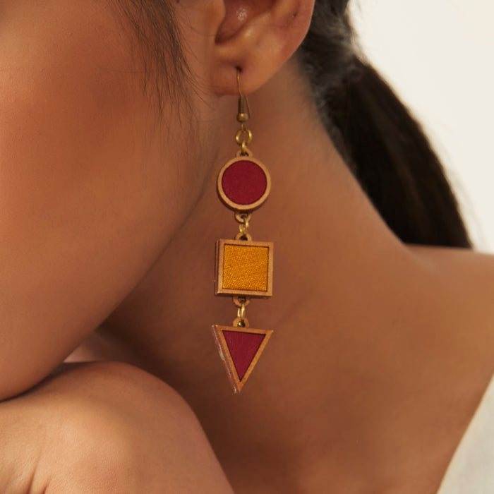 Red And Yellow Fabric And Wood Geometrical Earring