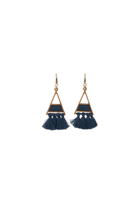 Blue Triangle Fabric And Wood Earring With Tassels