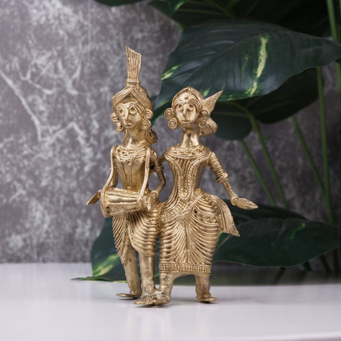 Artisanal Brass Dhokra Sculpture: Tribal Couple with Dhol