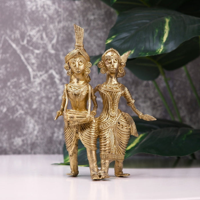 Artisanal Brass Dhokra Sculpture: Tribal Couple with Dhol