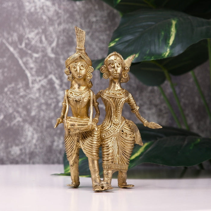 Artisanal Brass Dhokra Sculpture: Tribal Couple with Dhol